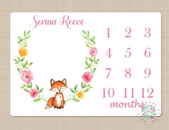 Fox Milestone Blanket Baby Woodland Girl  Monthly Growth Tracker Floral Woodland Blanket Newborn Baby Girl Fox Blanet Baby Gift B183