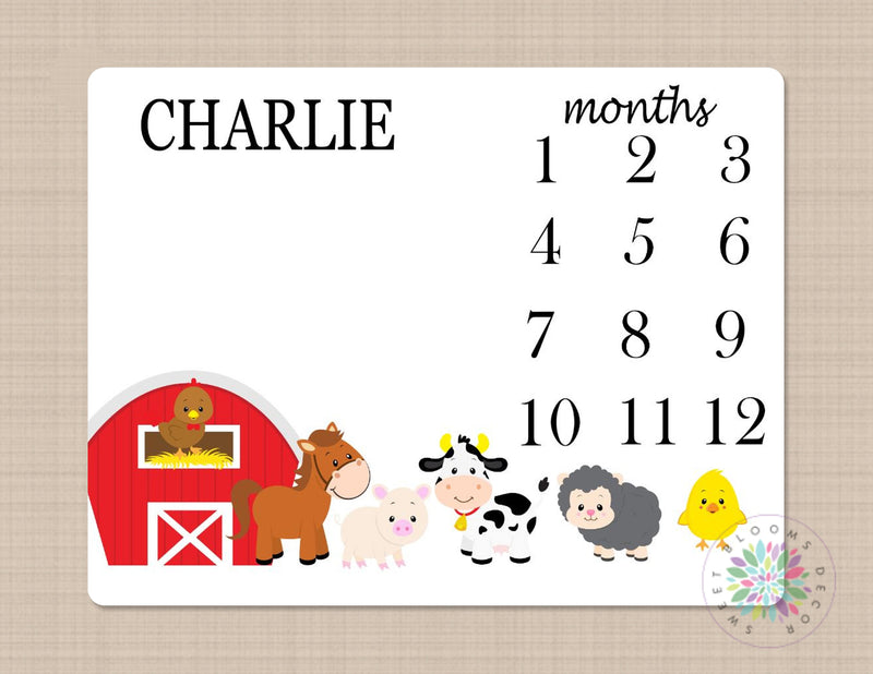 Farm Animals Milestone Blanket Monthly Growth Tracker Barn Animals Horse Cow Lmb Sheep Pig  Newborn Baby Name Blanket Baby Shower Gift B180