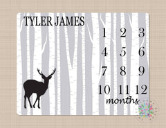 Deer Baby Blanket Deer Woodland Milestone Blanket Monthly Growth Tracker Gray Birch Deer Blanket Newborn Baby Boy Blanket Baby Gift B184