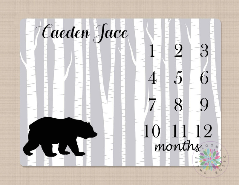 Milestone Blanket Bear Baby Blanket Woodland Bear Monthly Growth Tracker Gray Birch Bear Blanket Newborn Baby Boy Blanket Baby Gift B185