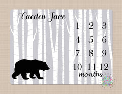 Milestone Blanket Bear Baby Blanket Woodland Bear Monthly Growth Tracker Gray Birch Bear Blanket Newborn Baby Boy Blanket Baby Gift B185