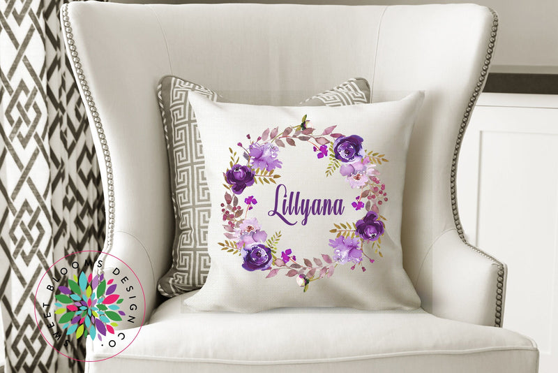 Floral Throw Pillow Purple Watercolor FlowersWreath Pillow Floral Monogram Nursery Girl Room Decor Bedding Baby Shower Gift Home Decor P138