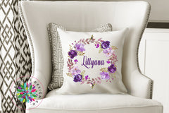 Floral Throw Pillow Purple Watercolor FlowersWreath Pillow Floral Monogram Nursery Girl Room Decor Bedding Baby Shower Gift Home Decor P138