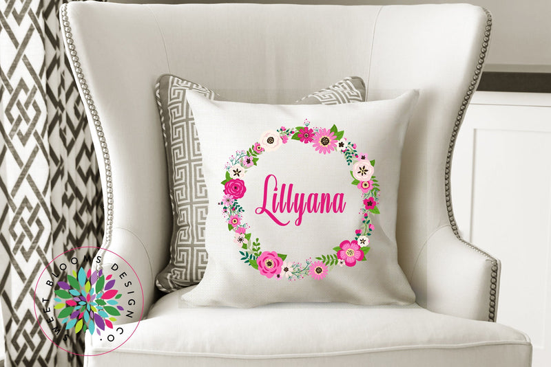 Floral Throw Pillow Pink Watercolor Flowers Wreath Pillow Floral Monogram Nursery Girl Room Decor Bedding Baby Shower Gift Home Decor P139