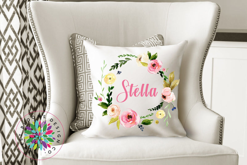 Floral Throw Pillow Pink Watercolor Flowers Wreath Pillow Floral Monogram Nursery Girl Room Decor Bedding Baby Shower Gift Home Decor P141