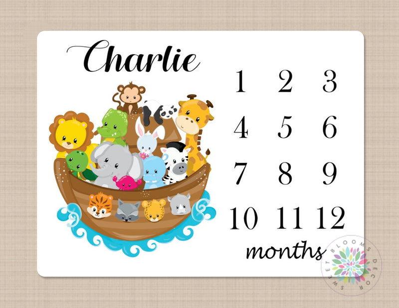 Milestone Blanket Noah's Ark Baby Blanket Noah Ark Monthly Growth Tracker Animals Blanket Safari Animals Newborn Baby Shower Gift  B214