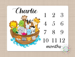 Milestone Blanket Noah's Ark Baby Blanket Noah Ark Monthly Growth Tracker Animals Blanket Safari Animals Newborn Baby Shower Gift  B214