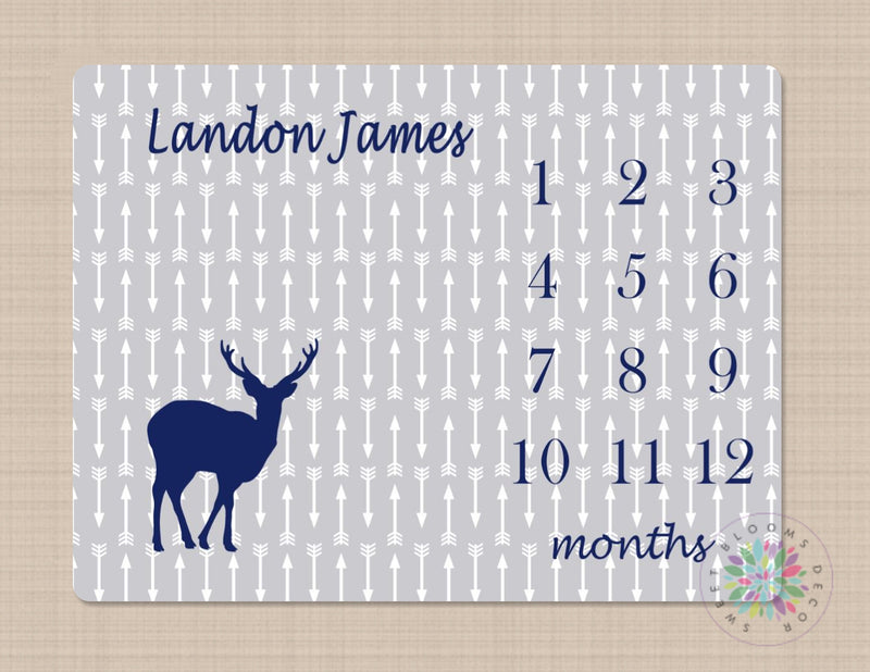 Deer Baby Blanket Deer Arrows Milestone Blanket Monthly Growth Tracker Gray Arrows Navy Blue Deer Antler Blanket Newborn Shower Gift B230