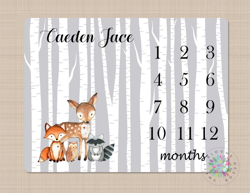 Woodland Milestone Blanket Monthly Growth Tracker Gray Birch Tree Fox Deer Owl Blanket Bedding Woodland Baby Shower Gift B232