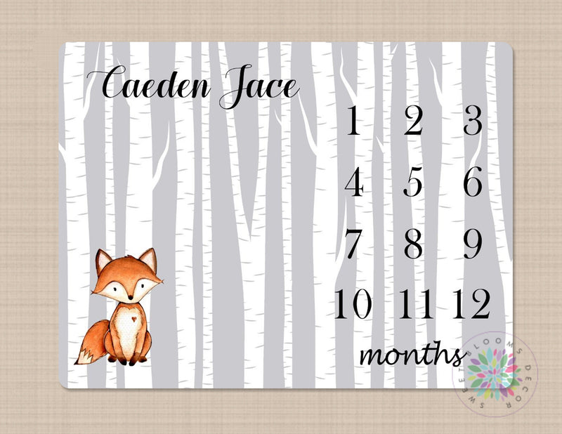 Fox Milestone Blanket Fox Gray Birch Tree Monthly Blanket Monthly Growth Tracker Woodland Baby Blanket Newborn Gift Baby Shower Gift B231