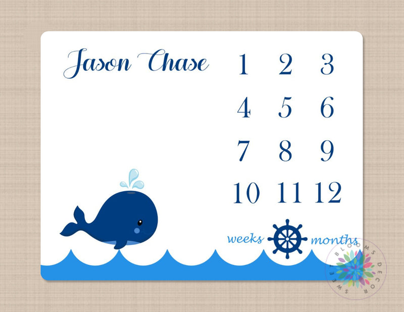 Whale Milestone Blanket Baby Boy Nautical Monthly Growth Tracker New Born Monogram Blanket Navy Blue Anchor  Baby Shower Gift B233