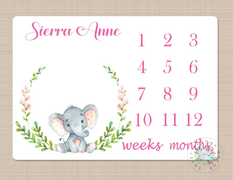 Elephant Milestone Blanket Pink Flowers Girl Blanket Monthly Growth Tracker Watercolor Floral Wreath Elephants Nursery Decor Baby Shower 239