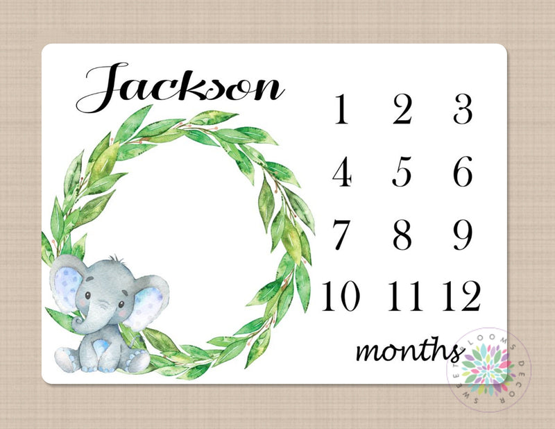 Elephant Milestone Blanket Boy Monthly Growth Tracker Personalized MonthlyTracking Boy Elephants Nursery Decor Baby Shower Gift B323