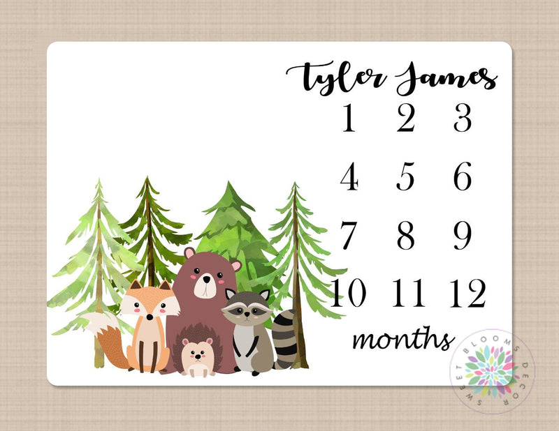 Woodland Milestone Blanket Monthly Growth Tracker Baby Blanket Forest Trees Fox Bear Raccoon Blanket Baby Bedding Shower Gift Monogram B254