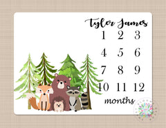 Woodland Milestone Blanket Monthly Growth Tracker Baby Blanket Forest Trees Fox Bear Raccoon Blanket Baby Bedding Shower Gift Monogram B254