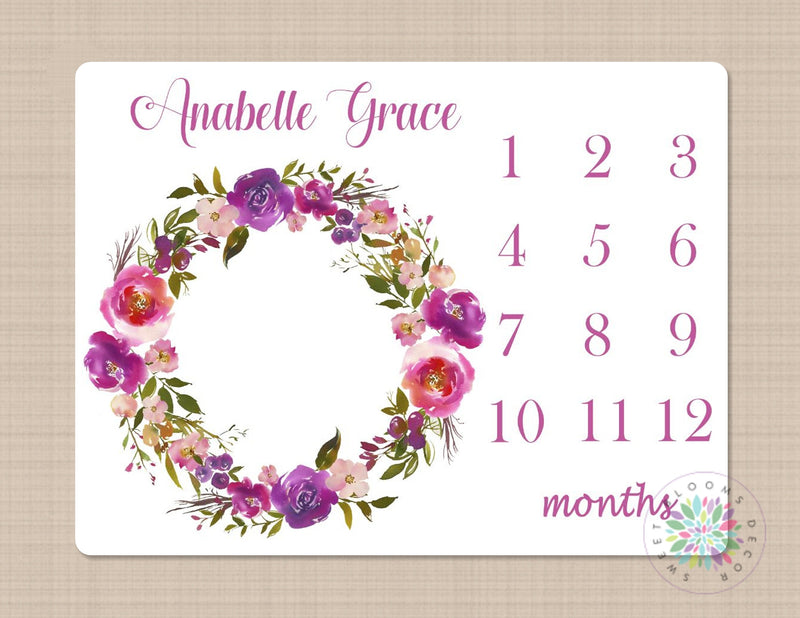 Floral Milestone Blanket Girl Wreath Baby Blanket Pink Purple Watercolor Flowers Monthly Growth Tracker Newborn Girl Baby Shower Gift B282