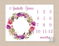 Floral Milestone Blanket Girl Wreath Baby Blanket Pink Purple Watercolor Flowers Monthly Growth Tracker Newborn Girl Baby Shower Gift B282