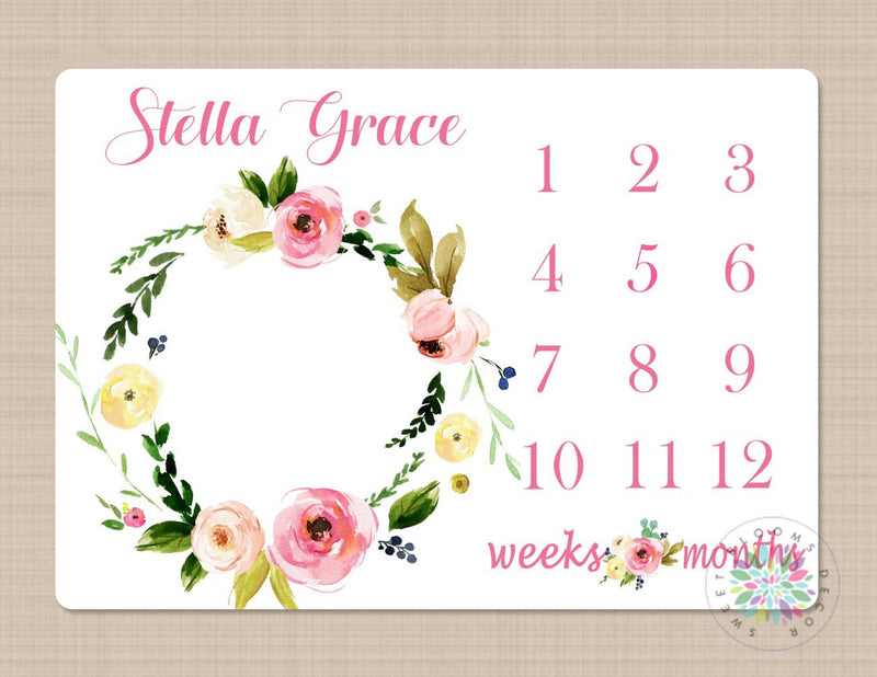 Milestone Blanket Girl Pink Floral Monthly Blanket Wreath Monthly Growth Tracker Newborn Baby Girl Name Blanket Pink Flowers Leaves B294