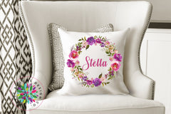 Floral Throw Pillow Pink Purple Watercolor Flowers Wreath Pillow  Monogram Nursery Girl Room Decor Bedding Baby Shower Gift Home Decor P142