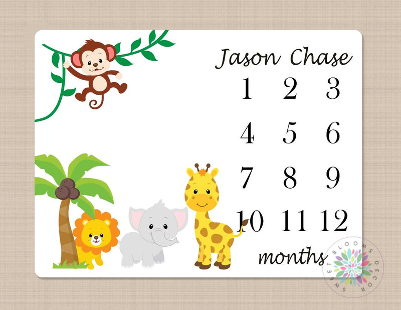 Milestone Blanket Safari Animals Baby Blanket Jungle Monthly Growth Tracker Personalized Blanket Animals Newborn Baby Shower Gift B304