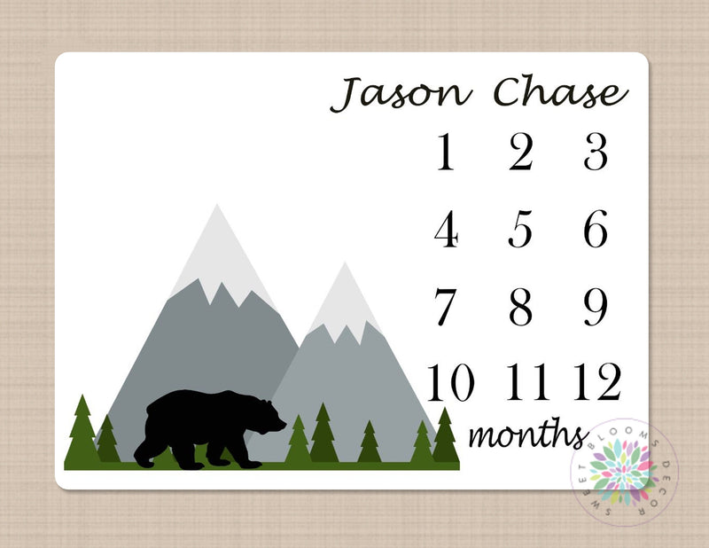 Milestone Blanket Bear Mountains Monthly Growth Tracker Baby Boy Blanket Forest Trees Woodland Adventure Awaits Bedding Shower Gift B309