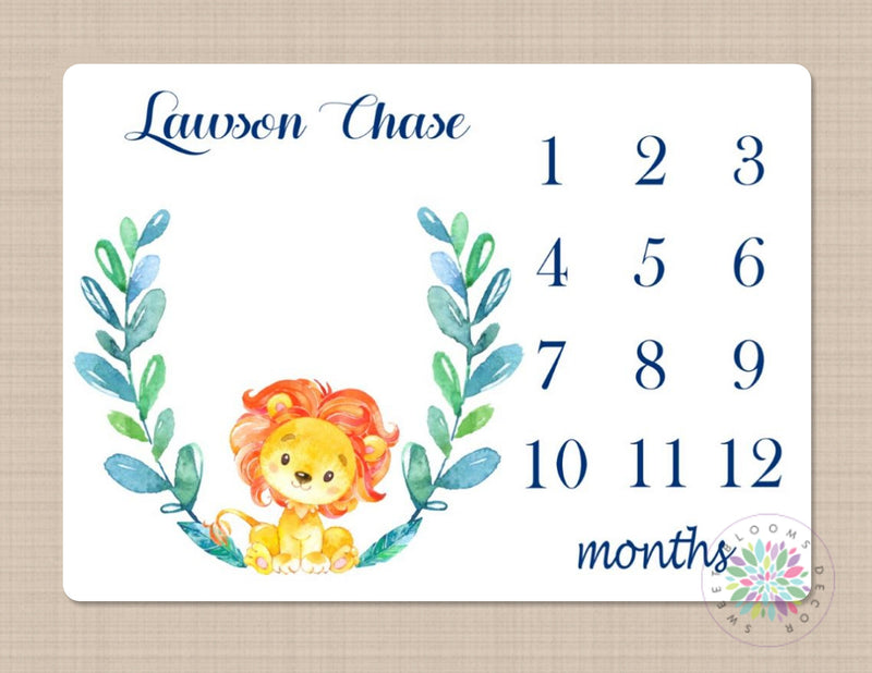 Lion Milestone Blanket Boy Monthly Growth Tracker Watercolor Safari Animals Baby Bedding Boy Nursery Decor Baby Shower Gift B314