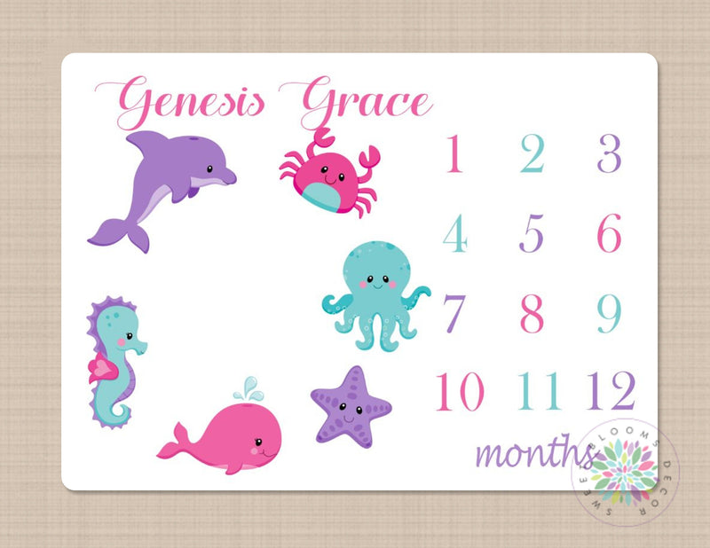 Sea Animals Milestone Blanket Ocean Baby Girl Under The Sea Bedding Whale Sea Horse Octopus Crab Star Fish Pink Purple Teal B342