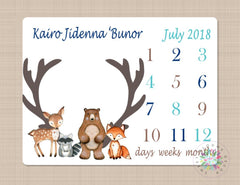 Woodland Milestone Blanket Boy Monthly Growth Tracker Baby Blanket Fox Bear Deer Blanket Fox Nursery Baby Bedding Baby Shower Gift 341