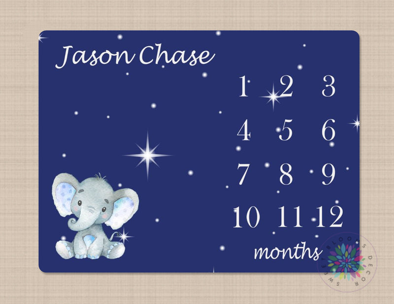 Elephant Milestone Blanket Boy Monthly Growth Tracker Twinkle Stars Personalized MonthlyTracking Elephants Nursery  Baby Shower Gift B347