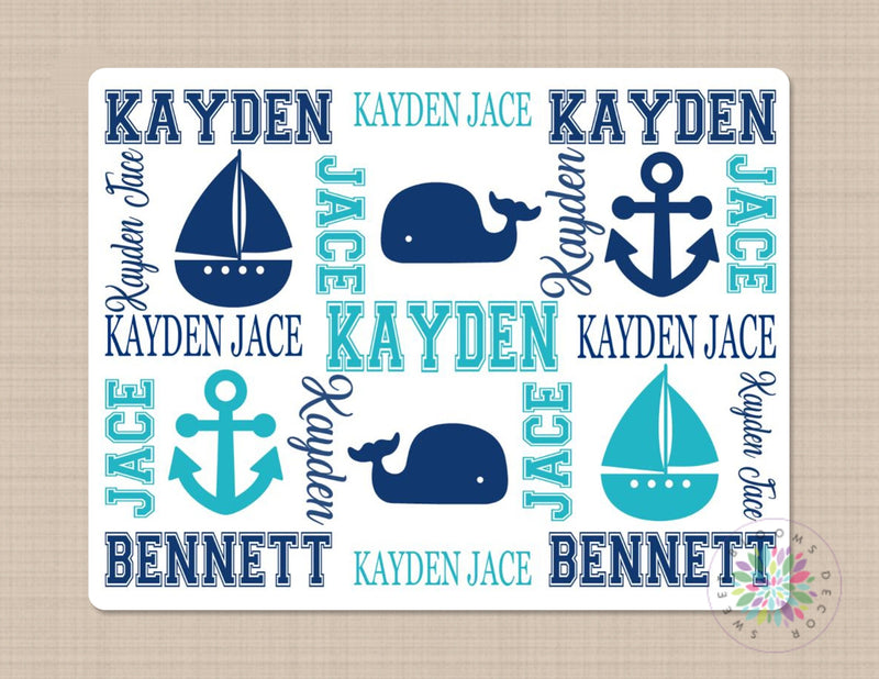 Whales Baby Name Blanket, Nautical  Anchor Boat Monogram  Navy Blue Teal Aqua Blanket Baby Bedding  Baby Boy Bedding Baby Shower B367