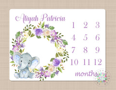 Elephant Milestone Blanket Girl Purple Floral Wreath Elephant Monthly Growth Tracker Newborn Girl Name Blanket Flowers Baby Shower Gift B330