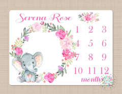 Milestone Blanket Elephant Pink Floral Girl Monthly Growth Tracker Newborn Baby Girl Name Blanket Wreath Flowers Girl Baby Shower Gift  B371