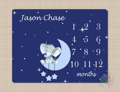 Elephant Milestone Blanket Luna Moon Starts Space Twinkle Blue Navy Monthly Growth Tracker  Personalized Monthly Baby Boy Shower B329