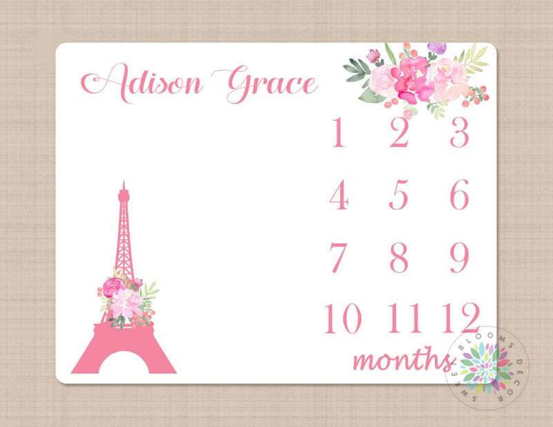 Paris Milestone Blanket Eiffel Tower Pink Flowers Monthly Growth Tracker Personalized Newborn Baby Girl Shower Gift Nursery Bedding B378