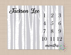 Milestone Blanket Monthly Growth Tracker Gray Birch Tree Woodland Forest Blanket Newborn Nursery Bedding Baby Boy Shower  Gift B382