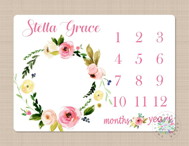 Girl Milestone Blanket Personalized Pink Watercolor Floral Wreath Monthly Growth Photo Prop Newborn Baby Girl Name Baby Shower Gift B395