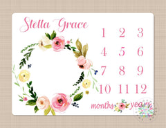 Girl Milestone Blanket Personalized Pink Watercolor Floral Wreath Monthly Growth Photo Prop Newborn Baby Girl Name Baby Shower Gift B395