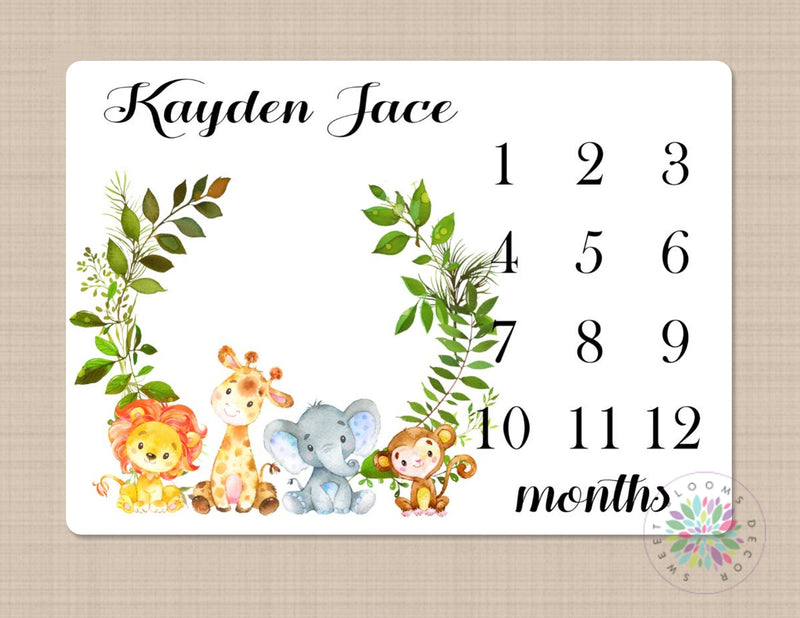 Milestone Blanket Safari Animals Boy Monthly Growth Tracker Personalized Monogram Blanket Jungle Boy Girl Newborn Baby Shower Gift B398