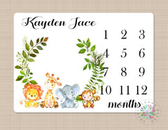 Milestone Blanket Safari Animals Boy Monthly Growth Tracker Personalized Monogram Blanket Jungle Boy Girl Newborn Baby Shower Gift B398