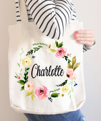 Floral Tote Bag Personalized Name Birthday Pink Flowers Canvas Wedding Bride Bridesmaid Mother of the Bride Girl Gift Watercolor Wreath