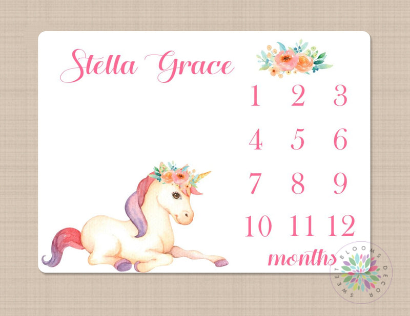 Unicorn Milestone Blanket Monthly Girl Growth Tracker Unicorn Floral Newborn Baby Blanket Unicorn Horse Baby Shower Gift Nurery Bedding B411