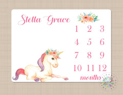 Unicorn Milestone Blanket Monthly Girl Growth Tracker Unicorn Floral Newborn Baby Blanket Unicorn Horse Baby Shower Gift Nurery Bedding B411