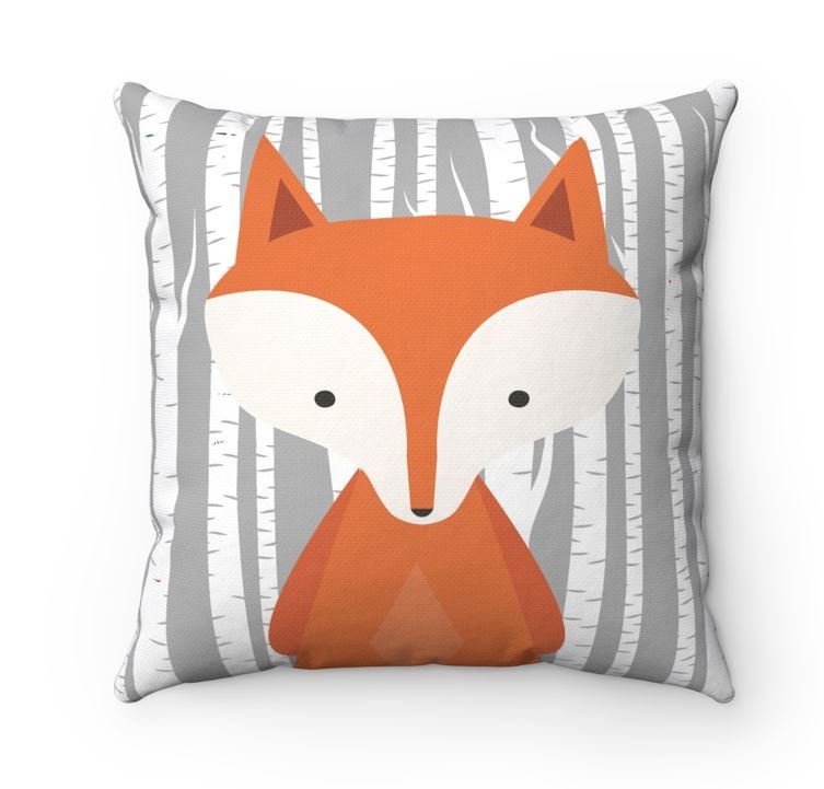 Fox Throw Pillow Gray Orange Fox Pillow Woodland Bedroom Decor Fox Nursery Decor Fox Room Decor Birch Trees Fox Nursery Decor Bedding P146