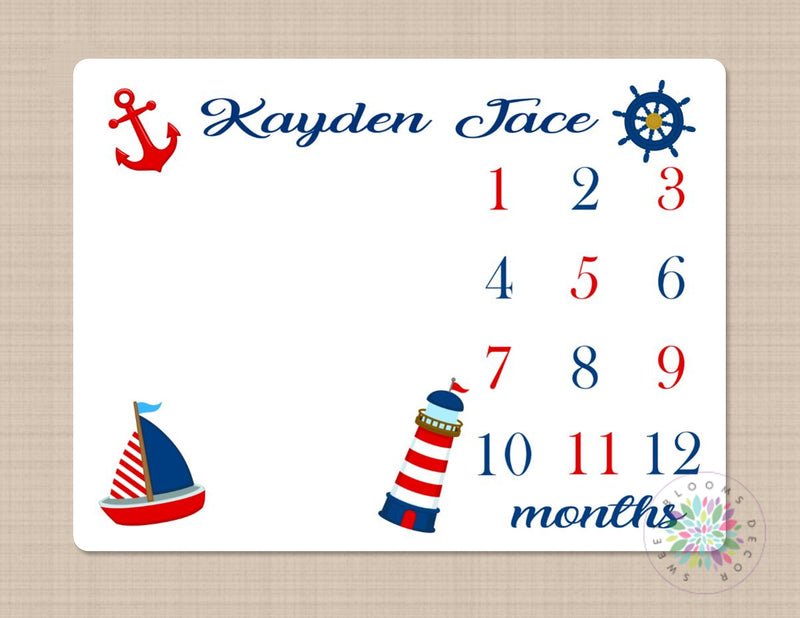 Nautical Milestone Blanket Navy Blue Red Boat Anchor Ligh House Baby Boy Monthly Growth Tracker New Born Blanket Baby Shower Gift B358