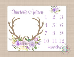 Deer Antler Girl Milestone Blanket Purple Lavender Flowers Monthly Growth Tracker Floral Deer Blanket Newborn Baby Girl Baby Shower Gift 363