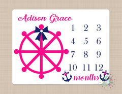 Nautical Girl Milestone Blanket Anchor Wheel Navy Blue Pink MonthlyPersonalized Growth Tracker Baby Shower Gift Baby Girl Bedding B106