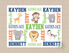 Animals Baby Name Blanket, Safari Jungle Baby Boy Personalized Monogram Blanket Elephant Lion Monkey Giraffe Newborn Baby Shower Gift B366