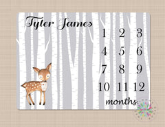 Deer Milestone Blanket Boy Woodland Gray Birch Tree Monthly Blanket Monthly Growth Tracker  Baby Blanket Newborn Gift Baby Shower Gift B404