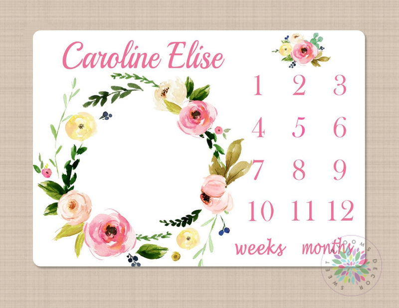 Girl Milestone Blanket Personalized Pink Watercolor Floral Wreath Monthly Growth Photo Prop Newborn Baby Girl Name Baby Shower Gift B359