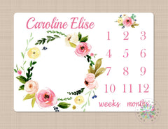 Girl Milestone Blanket Personalized Pink Watercolor Floral Wreath Monthly Growth Photo Prop Newborn Baby Girl Name Baby Shower Gift B359